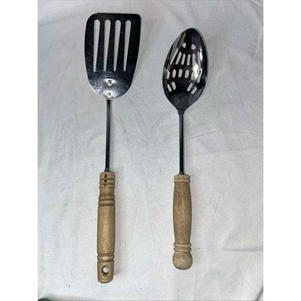 Vintage Ecko Slotted Stainless Steel Spatula And Slotted Spoon Wooden Handles